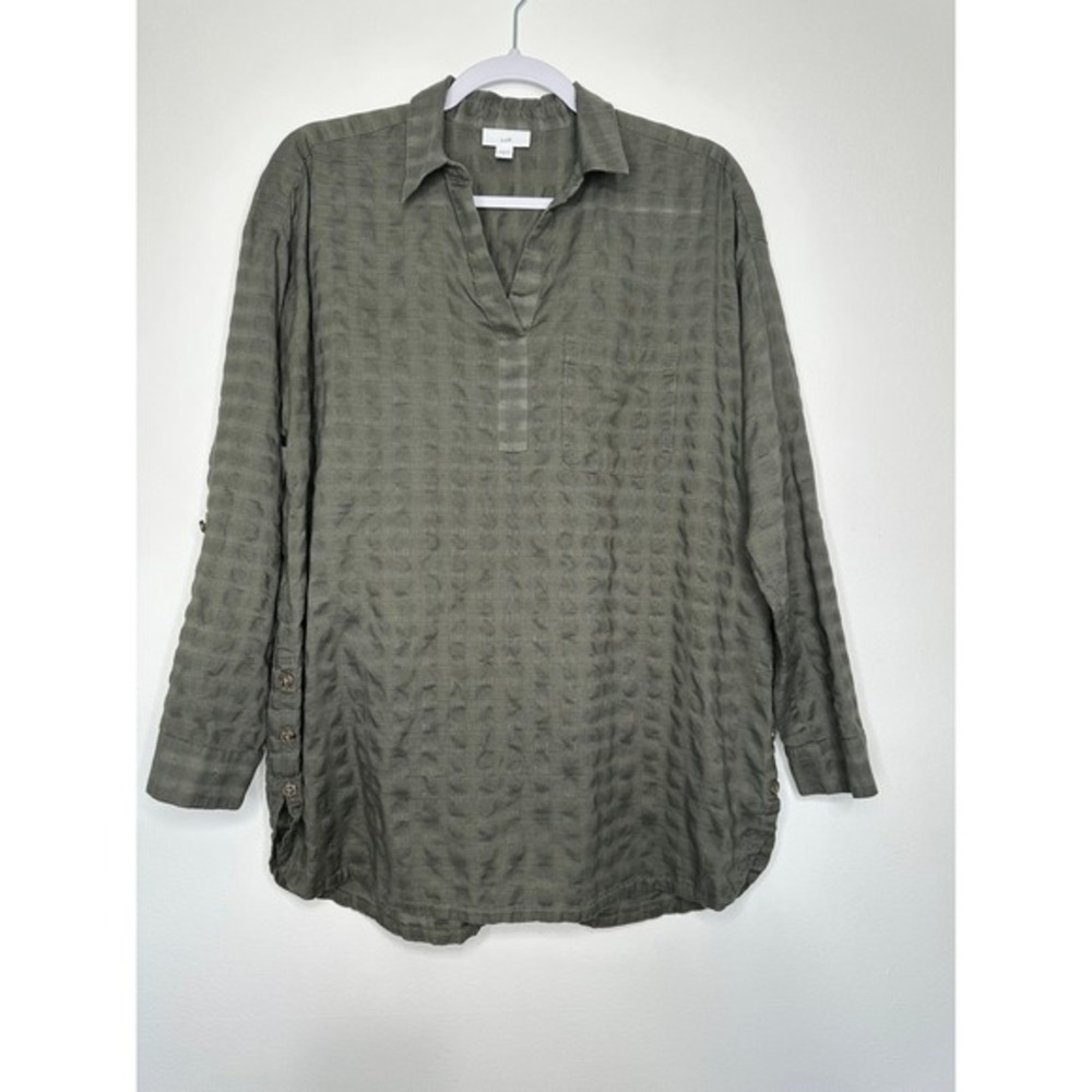 J Jill Textured Popover Roll Tab Sleeve Tunic Top Size M Green Cotton Puckered